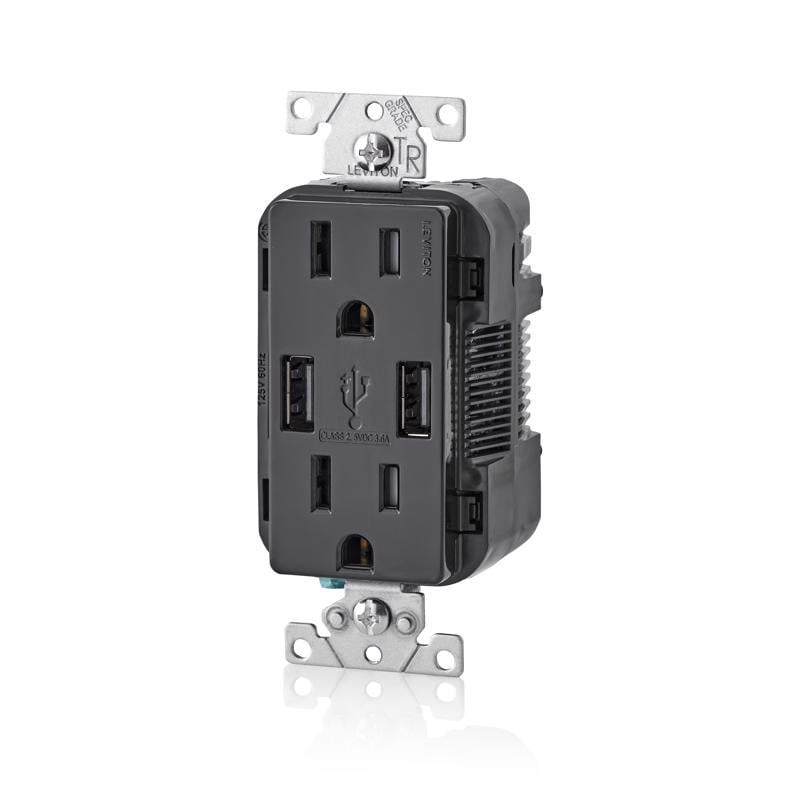 Leviton Decora 3.6A 5V Black 2-Port USB Charging Outlet with 5-15R Tamper Resistant Duplex Outlet — Indoor & Outdoor Use, NEC-Compliant