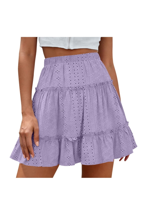Womens Basic Mini Skirts Versatile Flared Ruffle Elastic Waist Skirts A-Line Casual Daily Wear Trendy Short Skirt