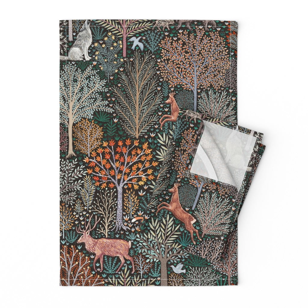 Autumn Animals Rustic Fall Woodland Linen Cotton Tea Towels by Roostery Set of 2 