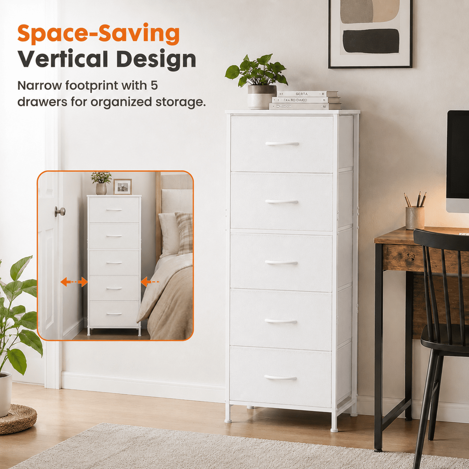 Alvantor Tall Dresser for Bedroom with 5 Drawers, Vertical End Table and Nightstand for Bedroom, Storage Organizer Chest of Drawers with Removable Fabric Bins