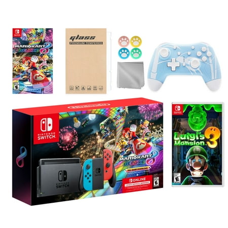 Nintendo Switch Mario Kart 8 Deluxe Bundle: Red/Blue Console, Mario Kart 8 & Membership, Luigi's Mansion 3, Mytrix Wireless Pro Controller Blue Bamboo and Accessories