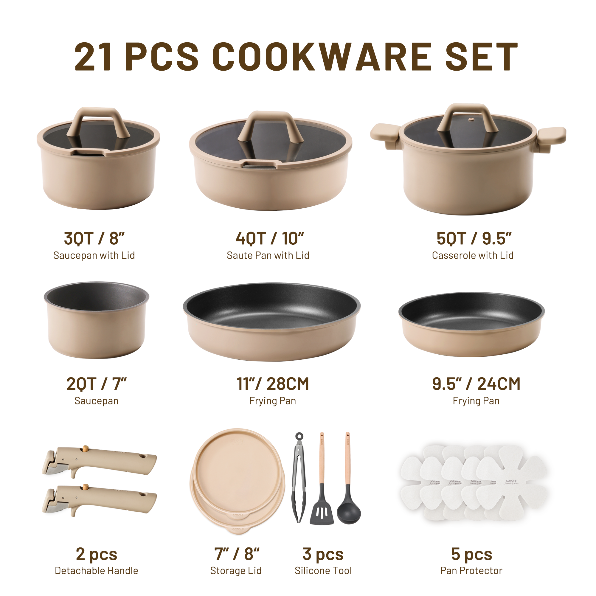 CAROTE 21-Piece Nonstick Cookware Set with Detachable Handle, Pots and Pans Set, Oven/Dishwasher Safe, Brown