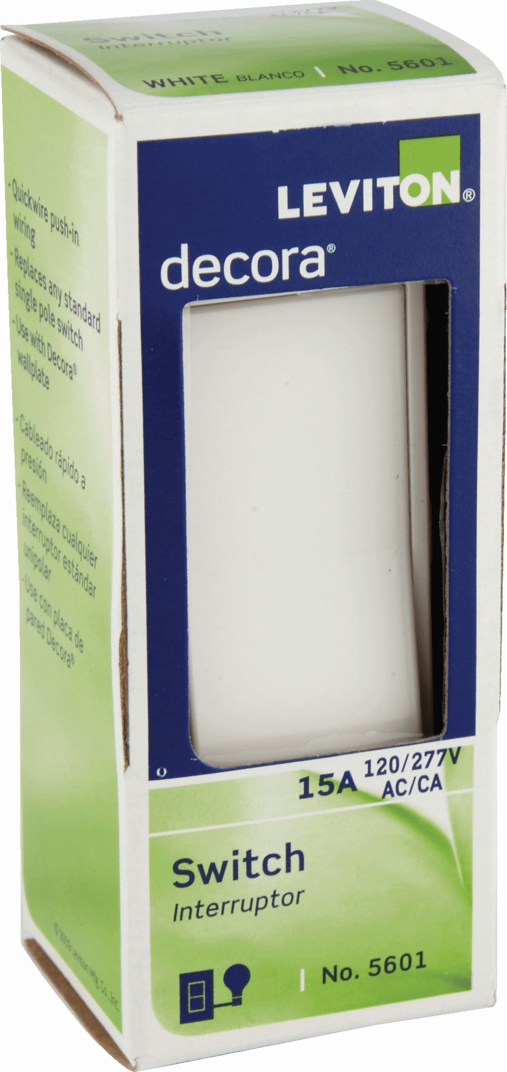 Leviton 5601-2WM 6 Pack 15Amp 120/277V Decora Rocker Single Pole AC Quiet Switch, White