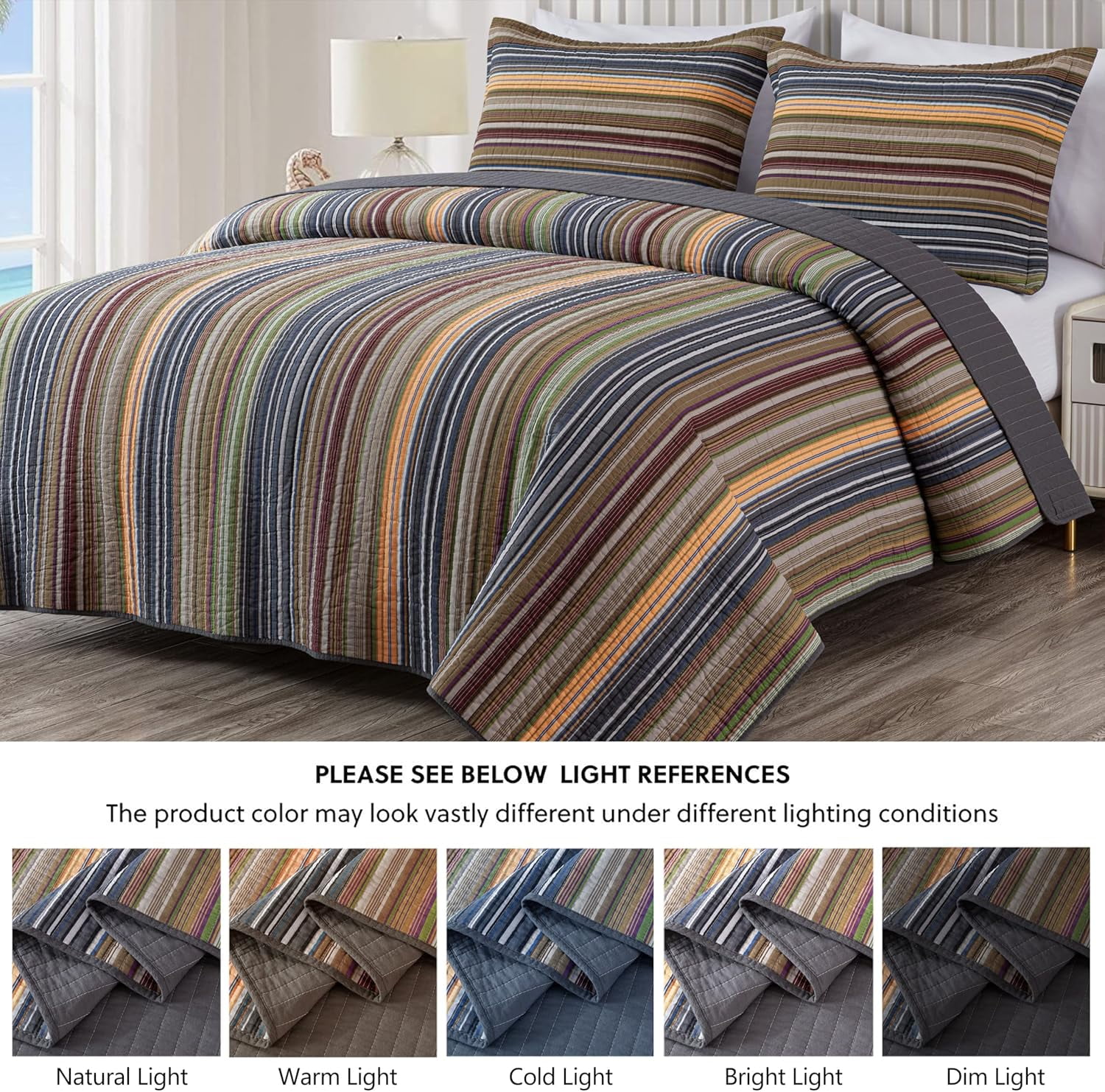 Chezmoi Collection Avery Striped Cotton Quilt Set Queen Size, 3-Piece Soft Pre-Washed 100% Cotton Quilt, Multi-Color Green