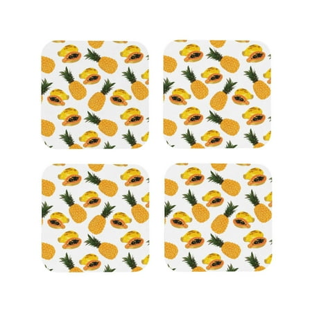 

Coasters Set of 4 - Papaya Pineapple Tropical Drink Coasters for Tabletop Protection Leather Coasters for Living Room Decor and Housewarming Gift Square