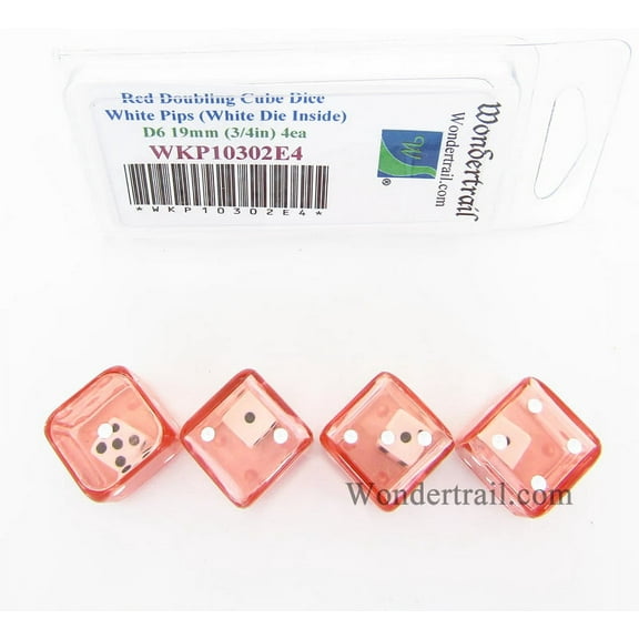 Red Doubling Cube Dice with White Pips D8 19mm (3/4in) (White Die Inside) Pack of 4 Wondertrail