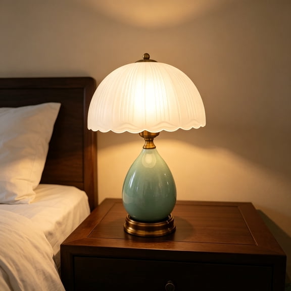 Vintage Ceramic Table Lamp, Dimmable 3 Color Modes Pleated Frosted Glass Shade Bedside Lamp, Antique Brass Base Decor Nightstand Lamp for Bedroom Living Room