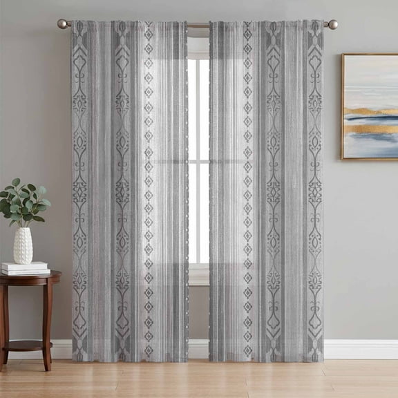 Grey Geometric Semi Sheer Window Curtains 72 Inches Long, Modern Abstract Art Vintage Boho Rod Pocket Voile Silky Chiffon Curtain Light Filtering Drapes for Living Room, Kitchen, 52"x72", 2 Panels
