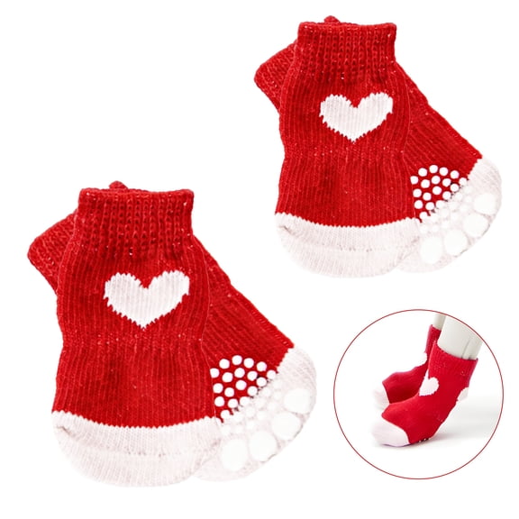 GASTROPOD 4Pcs Socks with Grippers for Samll Dog,Anti-Slip Rubber Sole Dog Socks,Color-Blocked Heart Pattern High-Stretch Cuff for Easy on & Off Paw Socks for Tile Floors,S