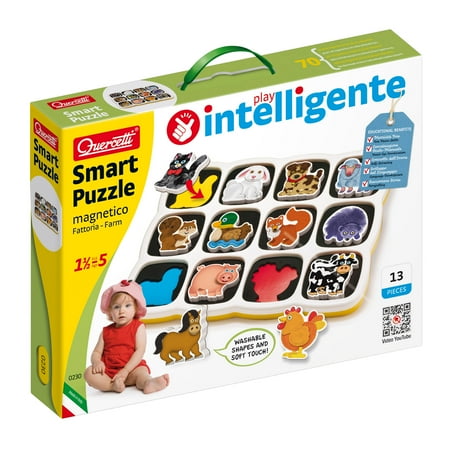 UPC: 8007905002308 | Quercetti Smart Puzzle Farm two-sided magnetic puzzle game. One side features 12 fun and friendly animal magnets. The other side is a brightly colored magnetic board that is great for open ended play.
