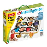 Quercetti Smart Puzzle Farm two-sided magnetic puzzle game. One side features 12 fun and friendly animal magnets. The other side is a brightly colored magnetic board that is great for open ended play.