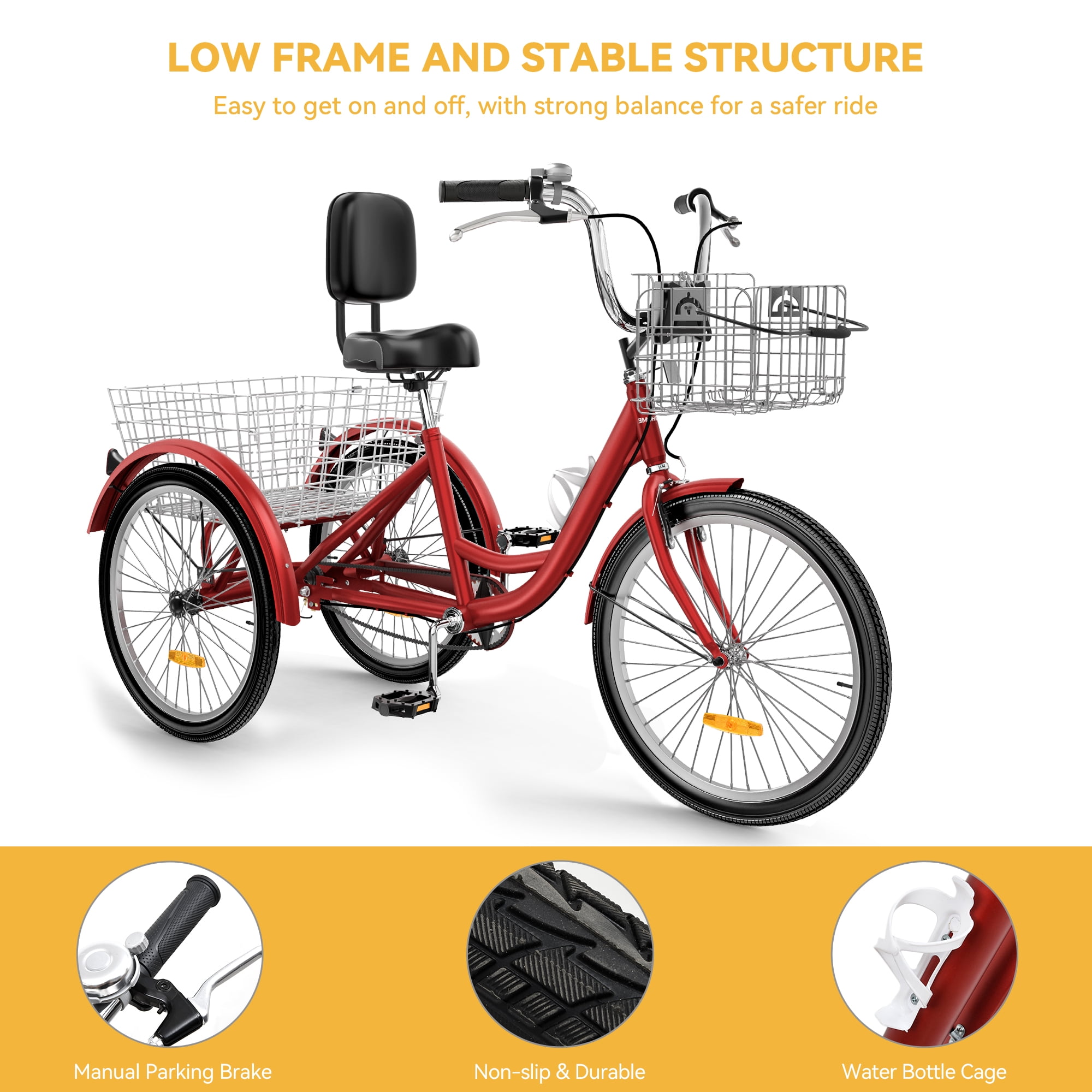 Dextrus Adult 26" Adjustable Seat Tricycle with Front & Rear Basket, Red