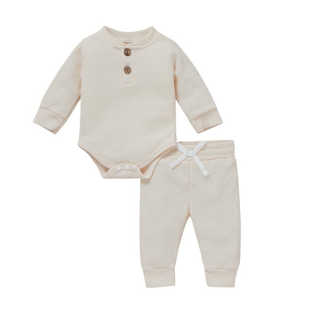 goowrom Toddler Outfits Set, Henley Neck Romper + Casual Pants