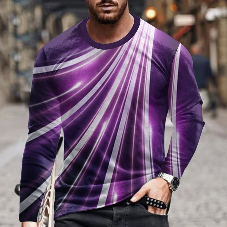 IROINNID Reduced Long Sleeve Pullover Shirts for Men Leisure Round Neck  Line 3D Printed T-Shirt Blouse,Purple 