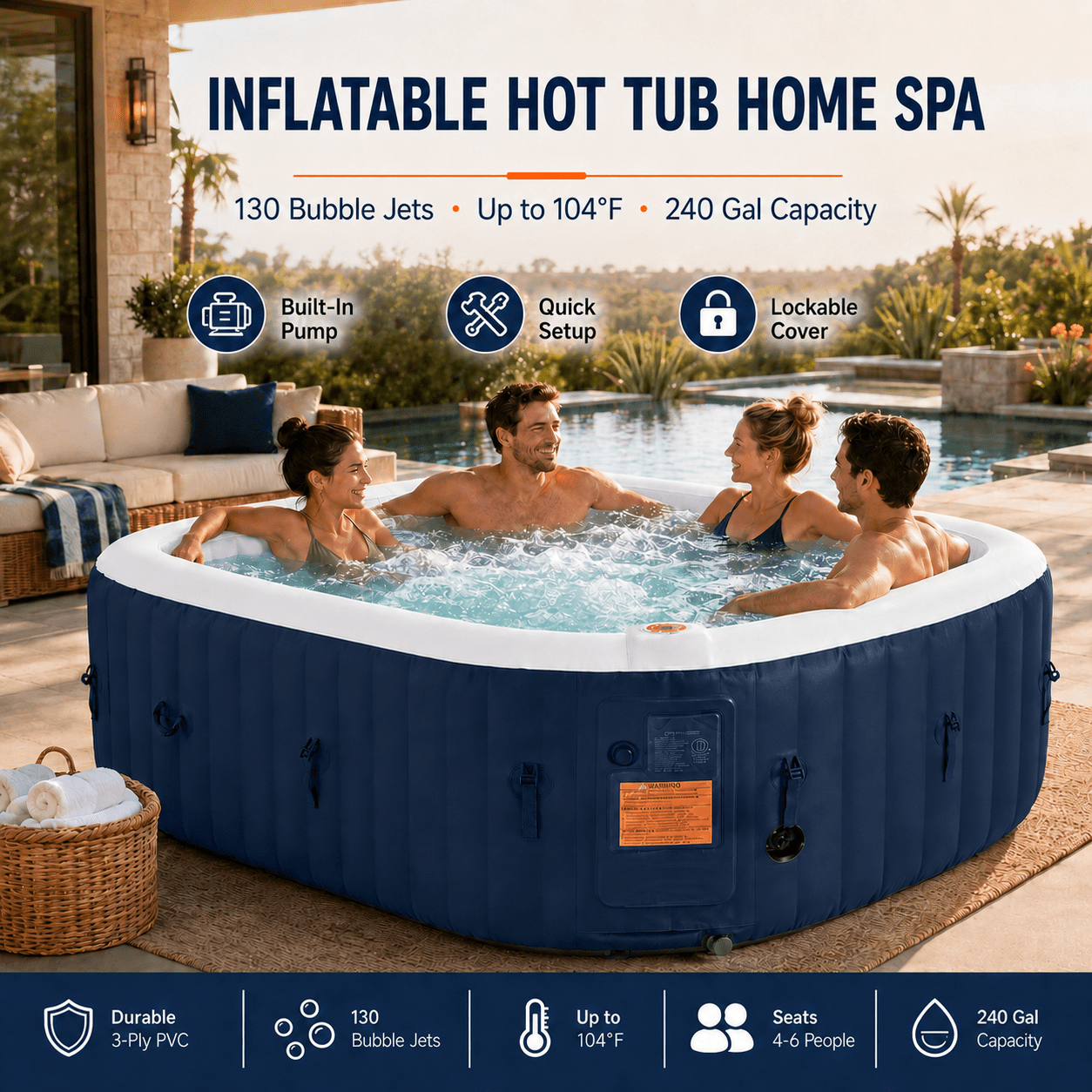 Seizeen Inflatable Hot Tub, 4-6 Person Hot Tub Set, 73'' Square Portable Home Spa w/130pcs Jet, Lockable Cover, Storage Bag, 2 Cup Holders, 4 Replacement Filter, 240gal