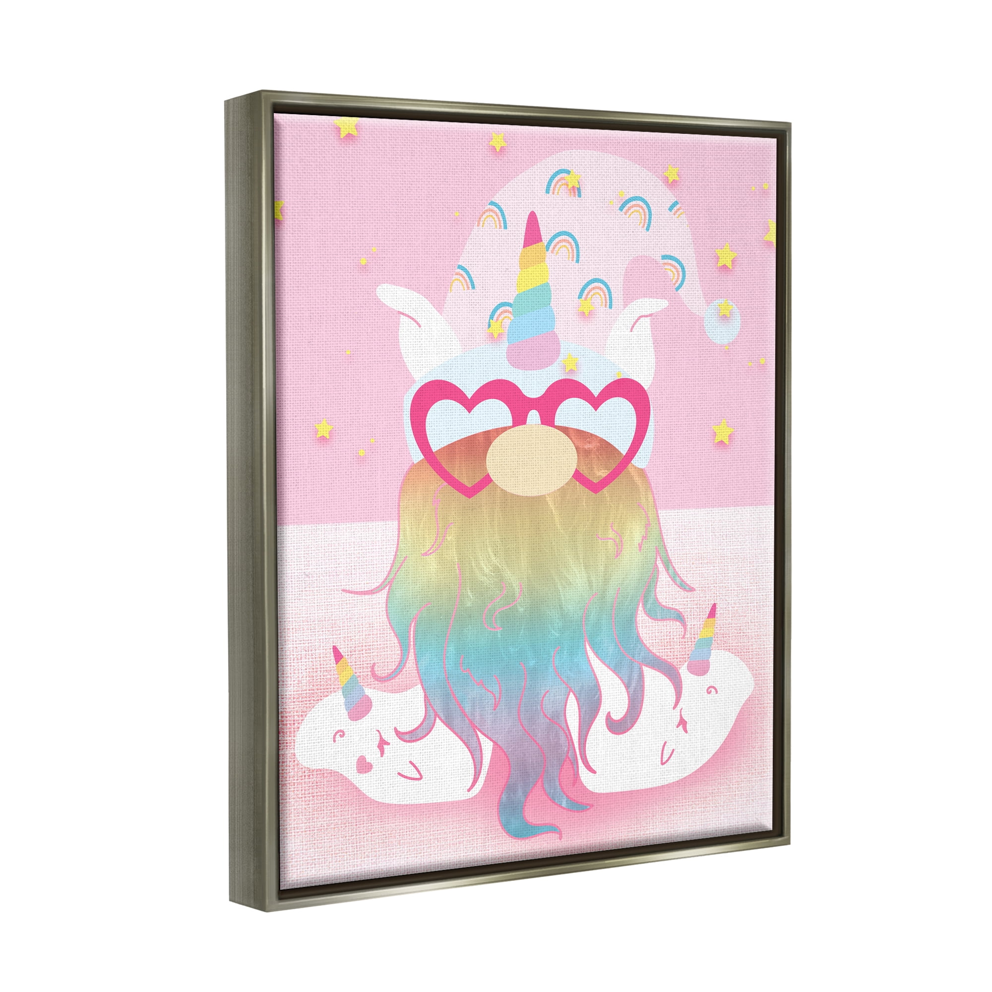 Stupell Fun Unicorn Gnome Pink Rainbow Fairy Tales & Fantasy Painting Gray Floater Framed Art Print Wall Art