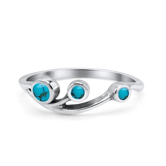 Three Stone Petite Dainty Fashion Turquoise Ring Band 925 Sterling Silver Size 4