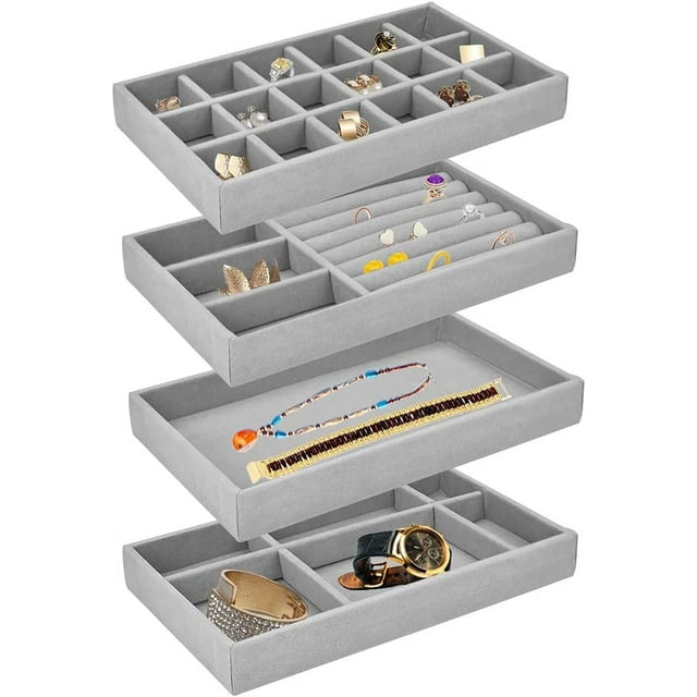 Organizador de joyas apilable de terciopelo con 4 cajones, bandeja extraíble para guardar joyas, collares, pendientes, relojes, exhibición comercial para el hogar, tienda de joyas