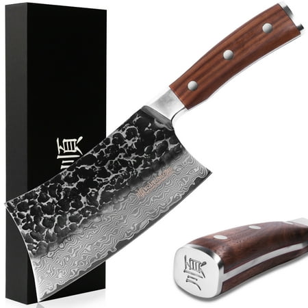 

YOUSUNLONG Bone Knife - 7 Inch Bone Cleaver Knife Heavy Duty Bone Breaker - Japanese Hammered Damascus Steel - Italian Olive Wood Handle