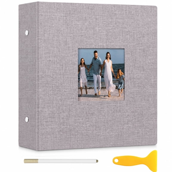 Bevtee Photo Album Self Adhesive 4x6 8x10 DIY Picture Scrapbook, 3-Ring Scrapbook Albums 60 Pages Linen Cover with Display Window, with Pen, for Moms, Families, and Weddings, Gray
