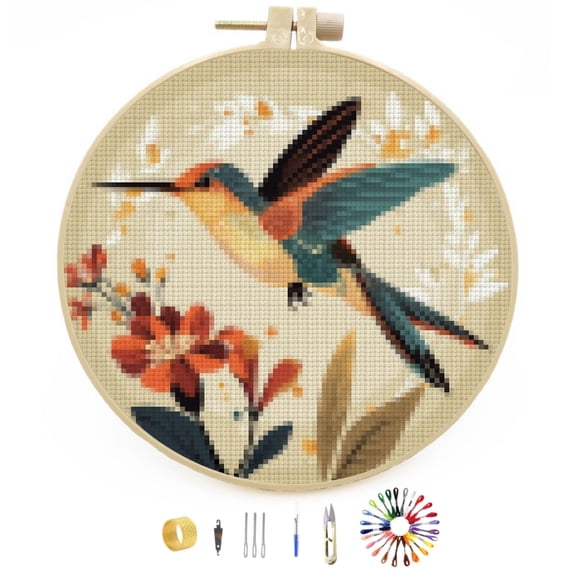 DIY Stamped Cross Stitch Kits Hummingbird and Colorful Flowers Easy for Beginners with Hoop 11CT Counted Embroidery Needlepoint Crafts Arts for Handmade Enthusiasts and Home Decor 30x30cm(1)