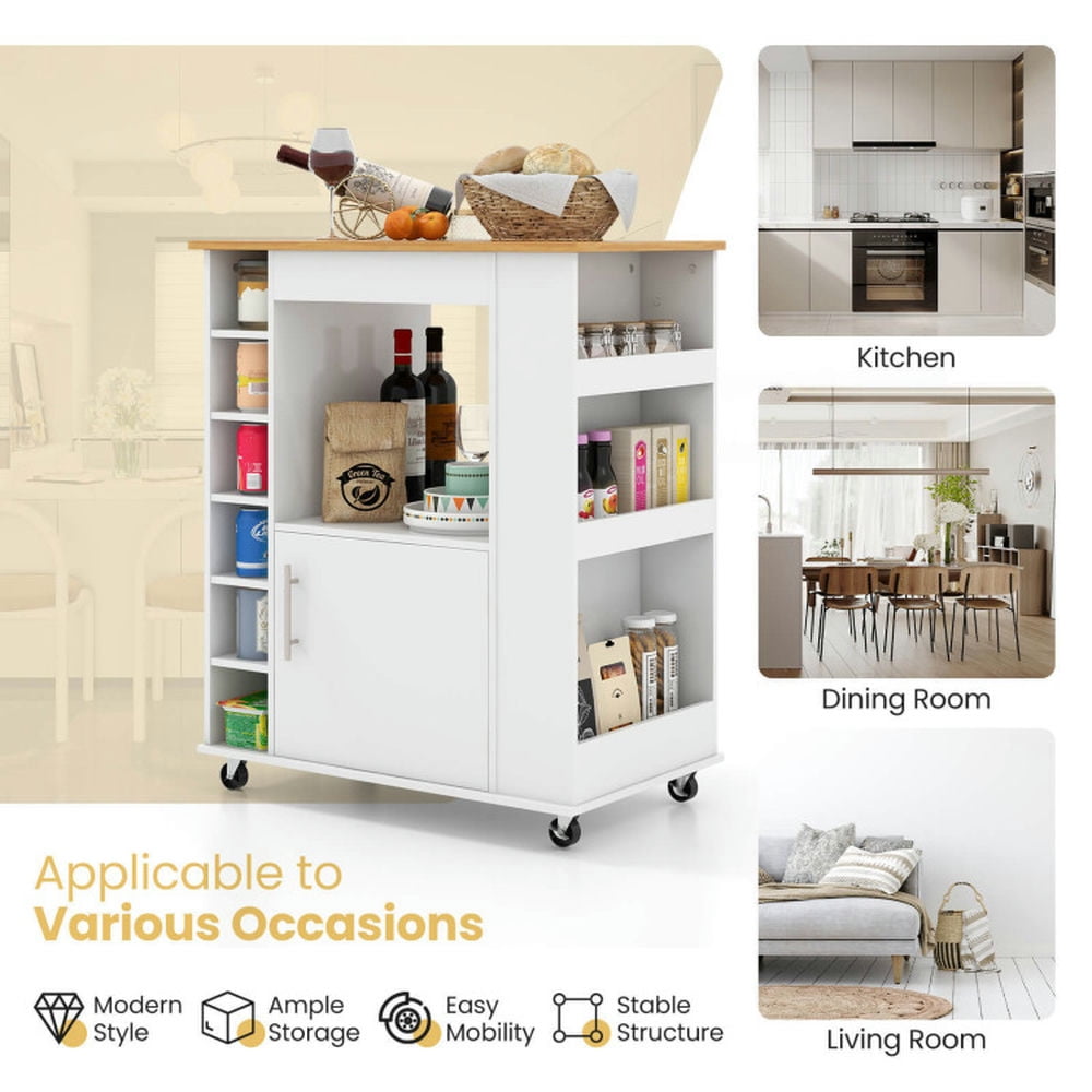 Finihen Rolling Cart, Kitchen Island Cart, Kitchen Cart on Wheels with Bamboo Top and 6-Bottle Wine Rack, for Kitchen, Dining Room, White Finihen Rolling Cart, Kitchen Island Cart, Kitchen Cart on Wheels with Bamboo Top and 6-Bottle Wine Rack, for Kitchen, Dining Room, White
