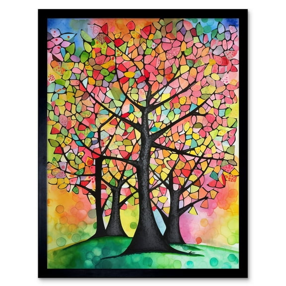 Vibrant Blossoming Trees In Spring Folk Art Watercolour Painting Art Print Framed Poster Wall Decor 12x16 inch