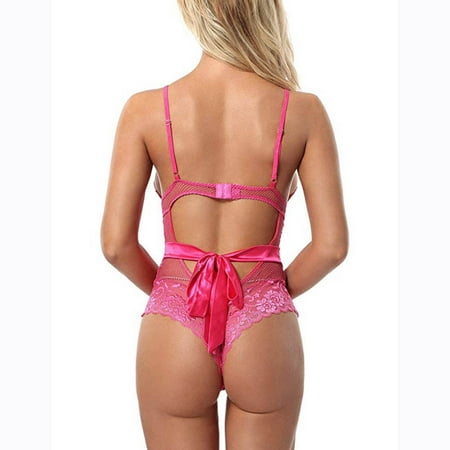 

Fiudx Women Lace Lingerie Bodysuit V-Neck Lace Babydoll Short Jumpsuit Pajamas New 874