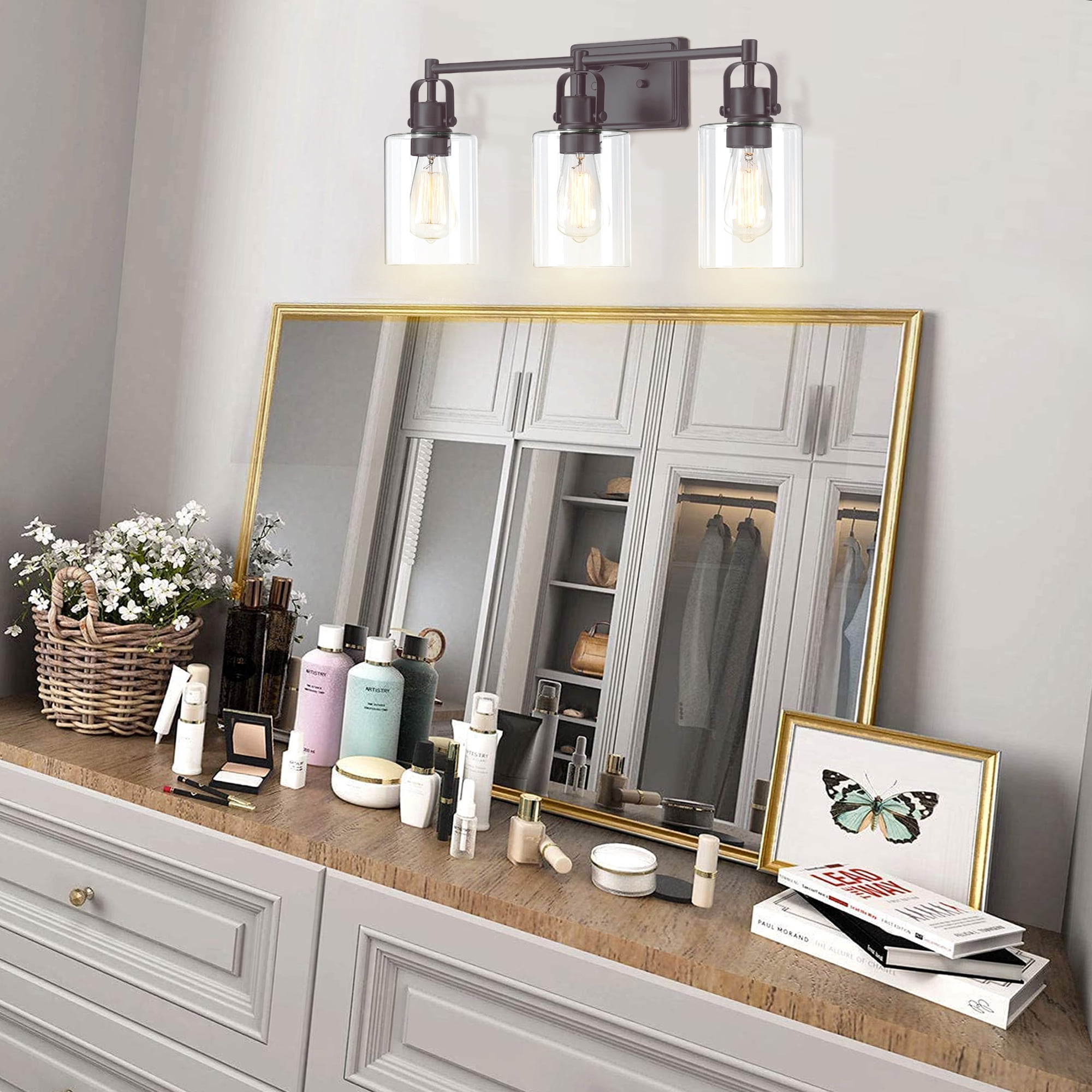 3-Light Bathroom Light Fixtures Dark Bronze Vanity Lighting over Mirrors, Vintage Wall Sconce with Clear Glass Shade