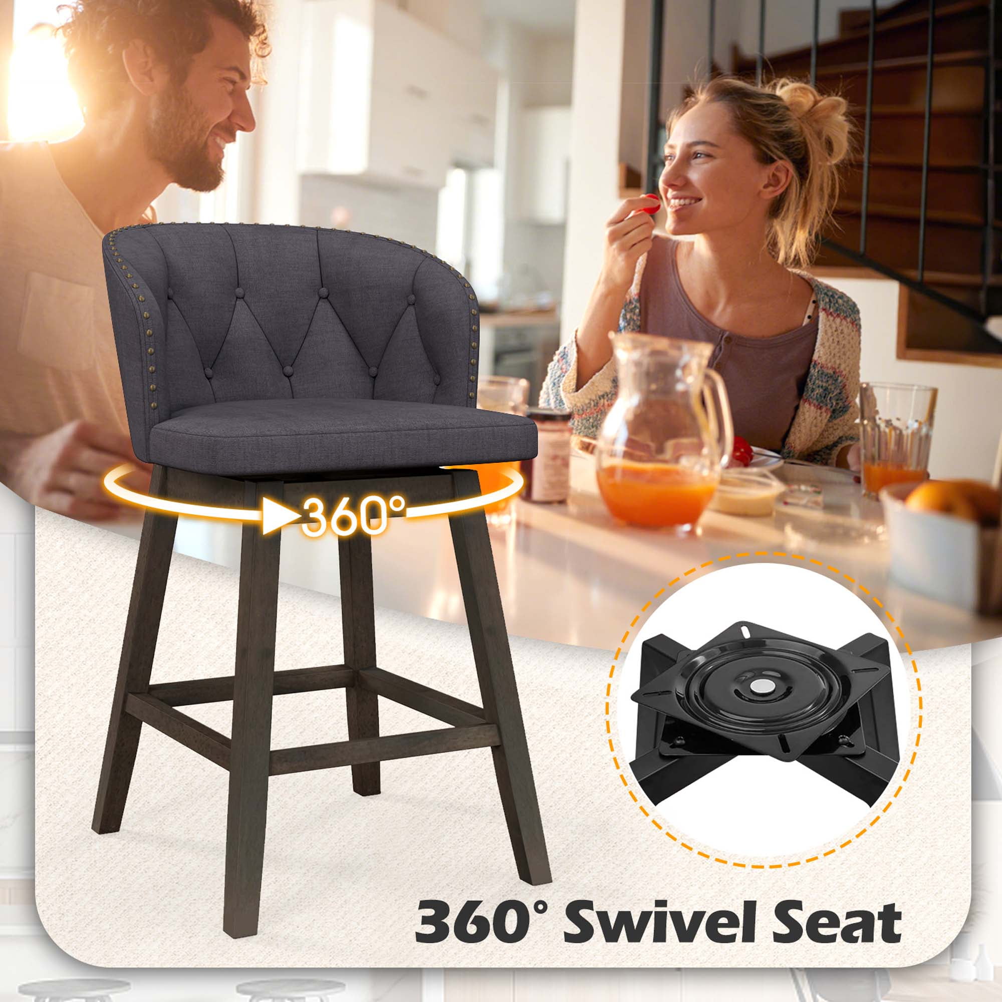 Costway 4 PCS Counter Height Bar Stools Fabric Upholstered Island Stools with 360° Swivel Seat Gray