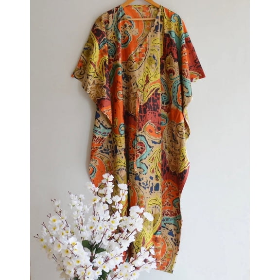 Paisley Printed Cotton Fabric Indian Kaftan Dress Long Top Caftan, Dress Beach Wear Cover up, Printed Sleepwear Maxi Dress Boho Kimono Robe