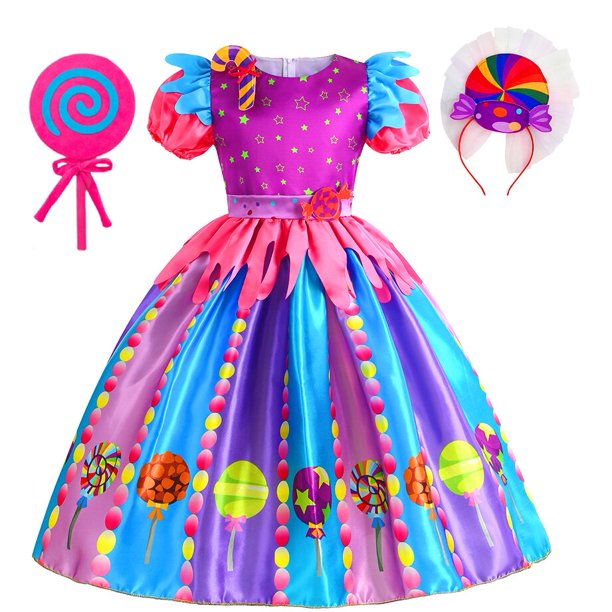 Rianbow Lollipop Candy disfraz niñas princesa vestido cumpleaños carnaval fiesta Cosplay disfraz niños Purim ropa con diadema (8-10T) Gao Jinjia LED