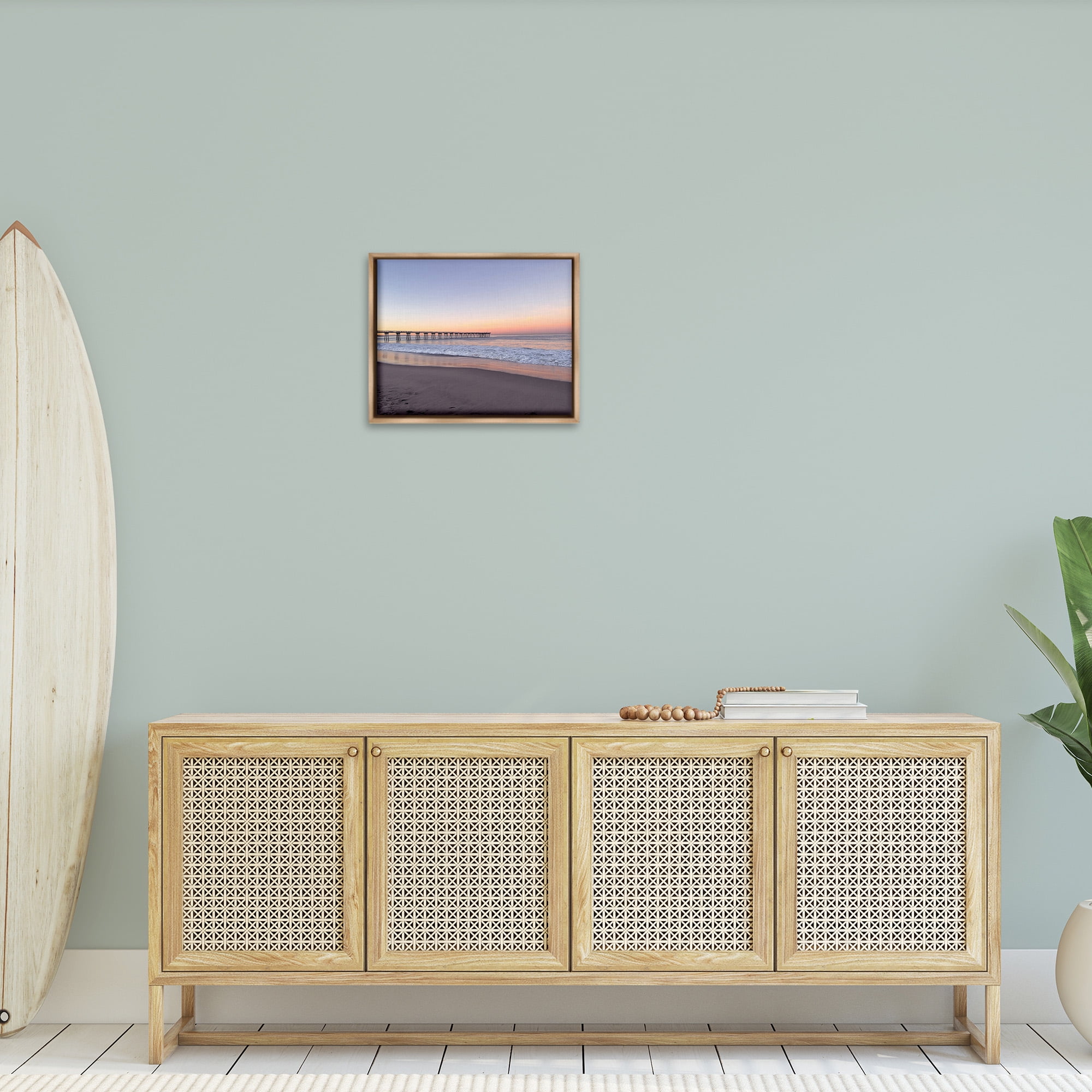 Stupell Industries Tropical Pier at Sunrise Landscape Photography Brown Floater Framed Canvas Art Print Wall Art, 21 x 17