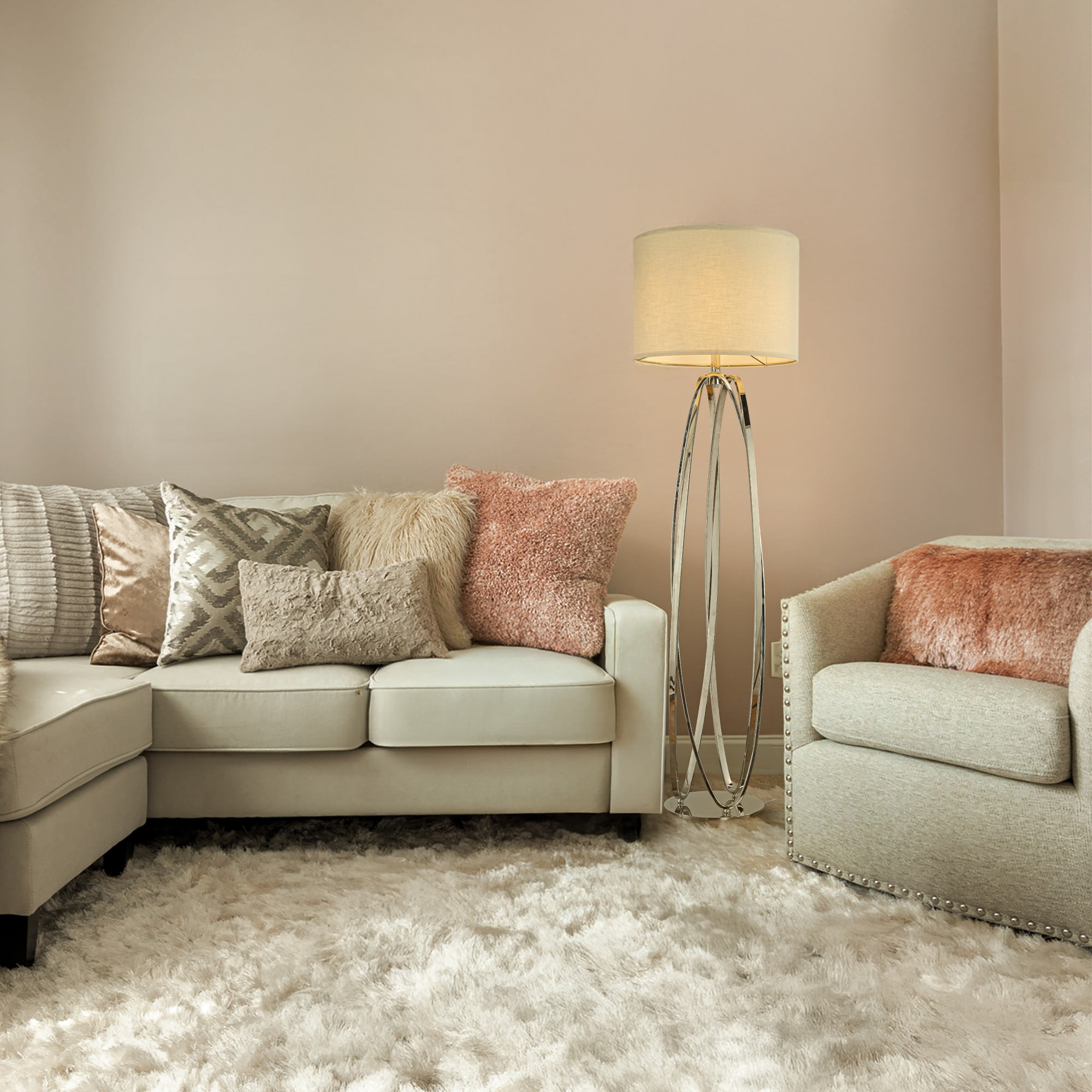 62'' Elegant Modern Polished Nickel Metal Floor Lamp With Ivory Fabric Drum Shade For Living Room Dining Room