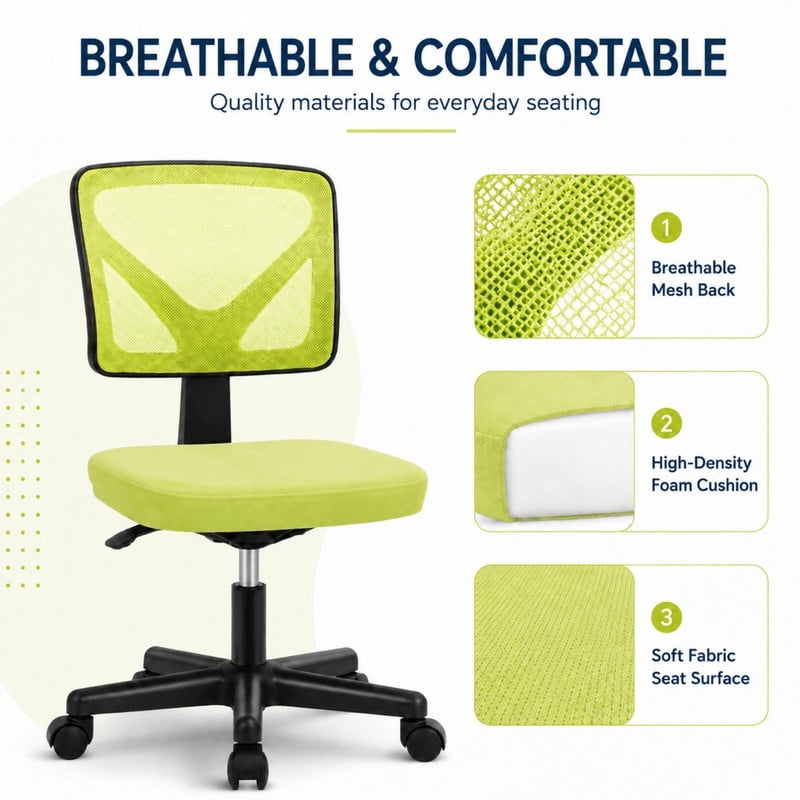 BEAUTYPEAK Desk Chair with Y-Shaped Lumbar Support Adjustable Armless Mesh Office Chair with Wheels for Home Office, Lime Green