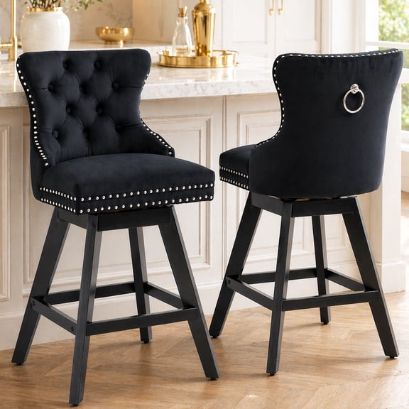 Swivel Bar Stools Set of 2, Counter Height Velvet Bar Stools with Tufted Back, Nailhead Trim, Rubberwood Frame, 26" Seat Height 360° Swivel Barstools for 34–38" Kitchen Island, Black (Set of 2)