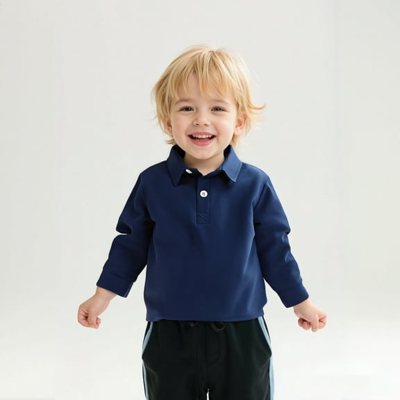Youth Polo Shirts for Boys Long Sleeve Kids Navy Button down Shirt School Uniform Shirts Casual Collared Shirt Toddler 18-24M Boys Clothes