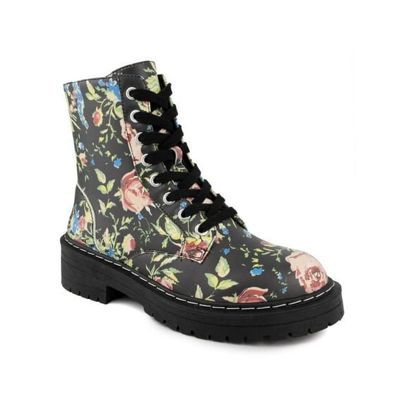 SUGAR Womens Black Floral Lace-Up Front Stitch Detailing Cushioned Kaedy Round Toe Block Heel Zip-Up Combat Boots 8 M