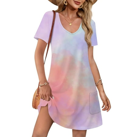 Nokdvo Sundresses for Women 2025 Boho V Neck Beach Sundresses Short Sleeve Coverup Swimsuit Dresses with Pockets Petite Flowy Vestidos Casuales Para Mujer Purple Pink XL