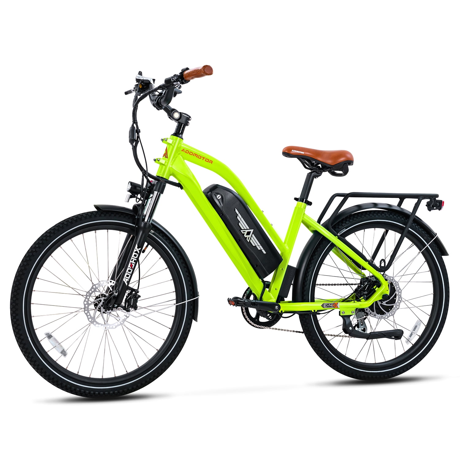 Addmotor Citypro 26inch Electric Bike for Adult, 95Miles, 500W Commuter City Cruiser Electric Bicycle with 48V 15Ah Battery, Step-Thru Electric Ebike, Shimano 7 Speed, E-43 Fluorescent Green