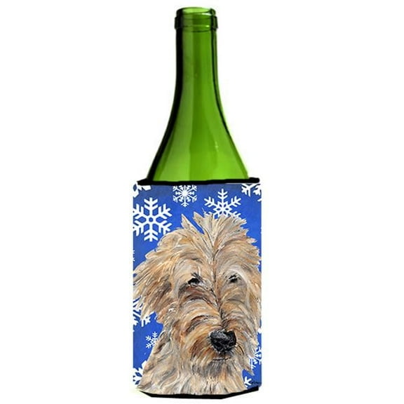 Goldendoodle Blue Snowflake Winter Wine bottle sleeve Hugger - 24 oz.