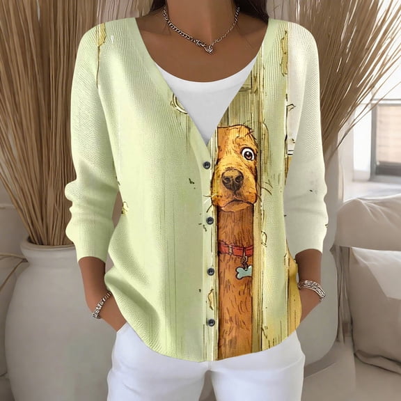 HCYSFG Womens Dog Graphic Cardigan Sweater V Neck Button Front Long Sleeve Side Pockets Relaxed Fit Knit Casual Everyday Tops