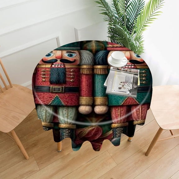 RKSupls 60 Inch Round Tablecloth, Nutcrackers Christmas Green Premium Polyester Straight Edge Wrinkle Resistant Washable Table Cover for Party Home Dining Decor