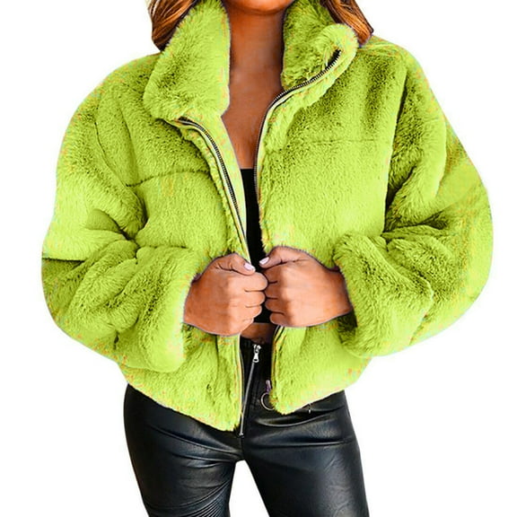 HOOJT Clearance! Women's 2024 Winter Coats Cropped Lapel Jacket Faux Furs Long Sleeve Pockets Shaggy Warm Cardigan Outerwear Fall Clothes