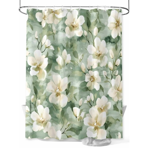 White Floral Shower Curtain, Watercolor Flower Sage Green Background Waterproof Shower Curtain Set with 12 Hooks Lightweight Washable Fabric Shower Curtains for Bathroom 72x84 Inches