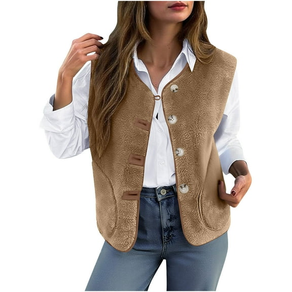 Cavosen Vest Women V Neck Sleeveless Fleece Vest with Pocket Button Hooded Solid Loose Jacket Windproof Warm Winter Outerwear