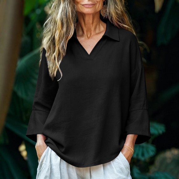 Women's Casual Solid Color Cropped Sleeve Loose Pullover Top with Trumpet Cuff