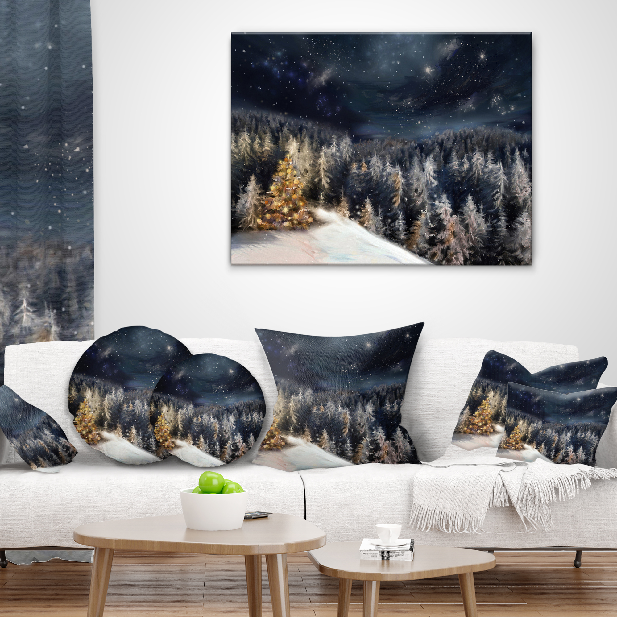 Designart Night Forest Christmas Tree - Landscape Printed Throw Pillow - 18x18