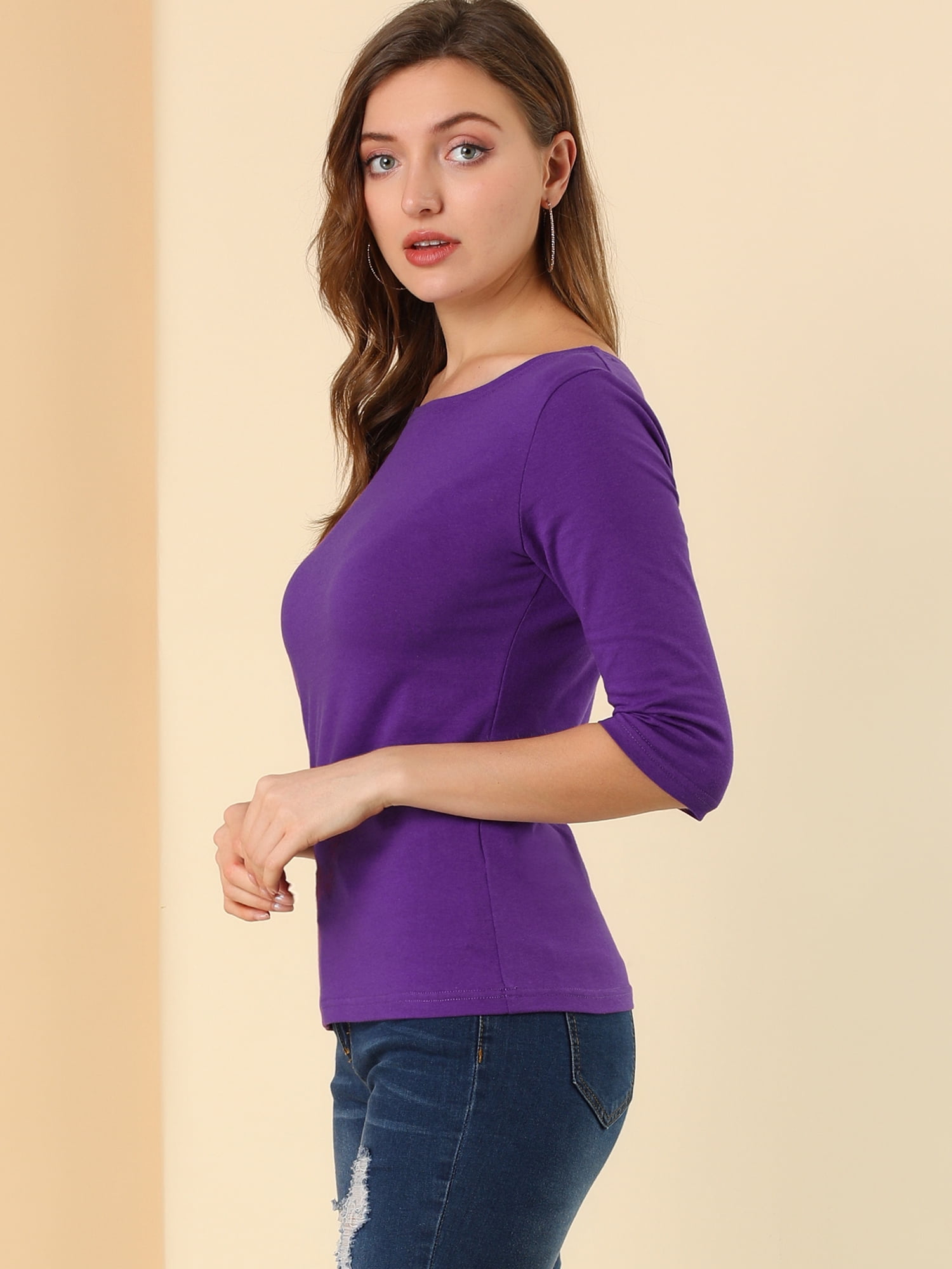 DARING DIVA Women's Elbow Sleeves Boat Neck Slim Fit Classic Tee M Deep Purple