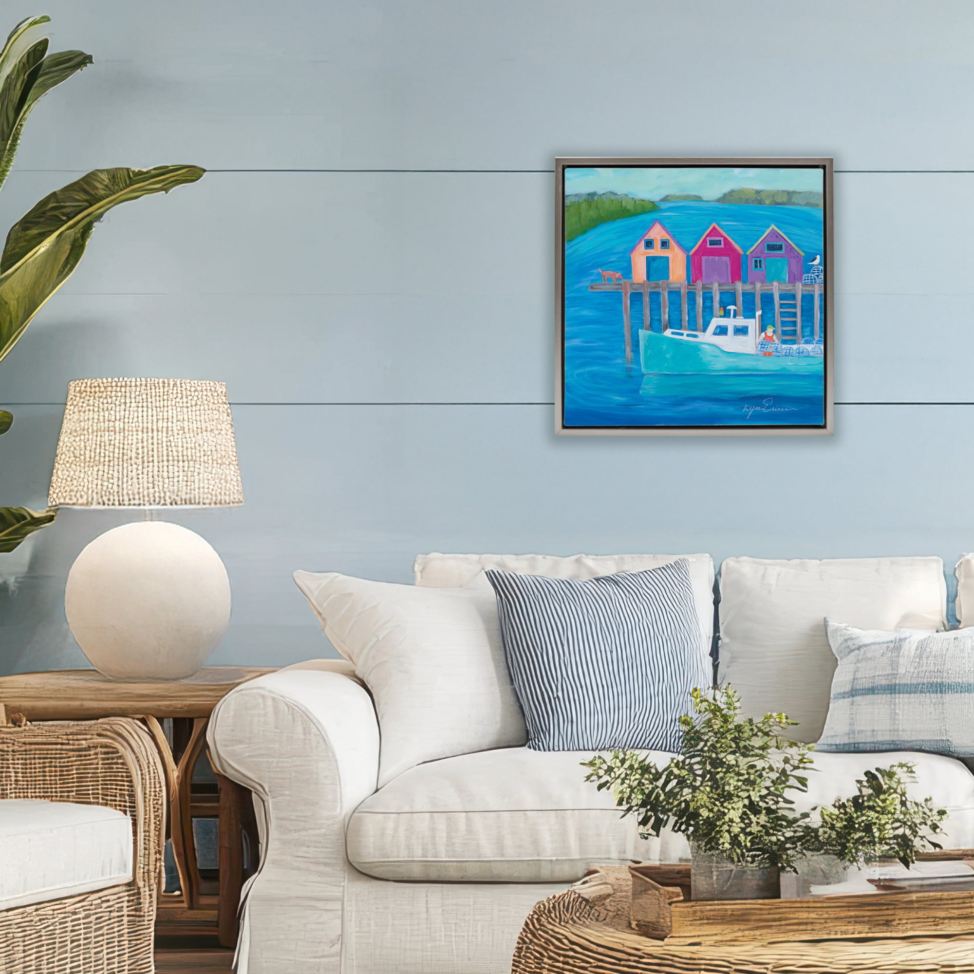 Stupell Industries Work Day at Seaside Village Gray Framed Floater Canvas Wall Art, design by Lynn Ericson Fine Art